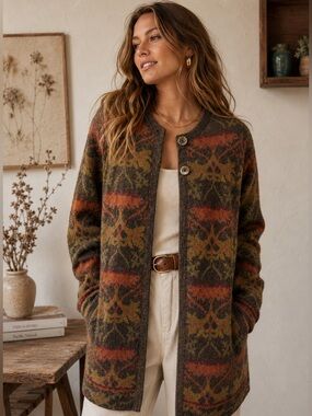 Past Times 100% Wool Cardigan UK Made Granola Cottagecore Tapestry Sweater M/L